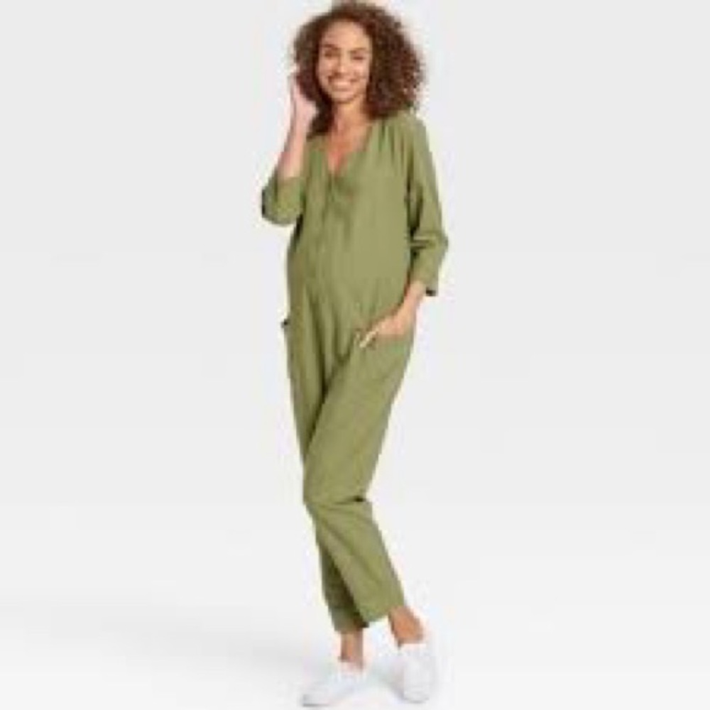 The Nines Hatch Maternity Jumpsuit Olive Green Button Front Romper Pockets
